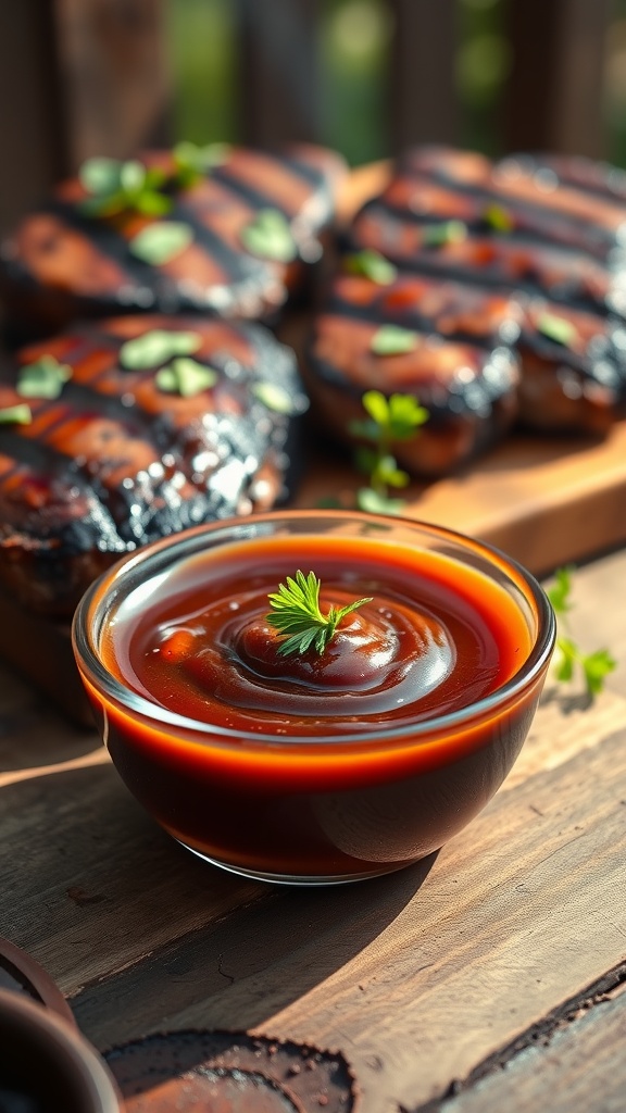 A bowl of homemade steak sauce next to grilled steaks on a wooden table.